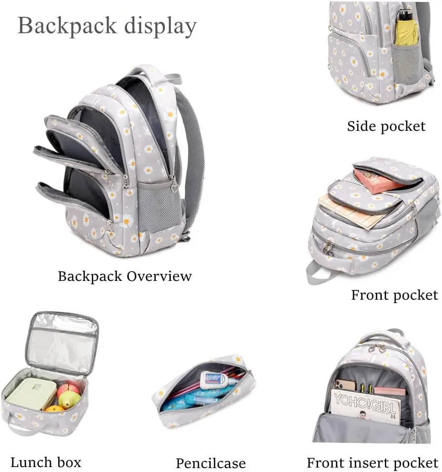 3Pcs Daisy Prints Backpack Sets Kids Bookbag Primary School Daypack Elementary Students Knapsack for Teens Girls