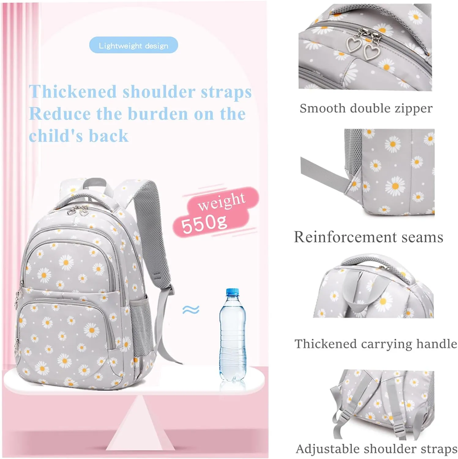 3Pcs Daisy Prints Backpack Sets Kids Bookbag Primary School Daypack Elementary Students Knapsack for Teens Girls