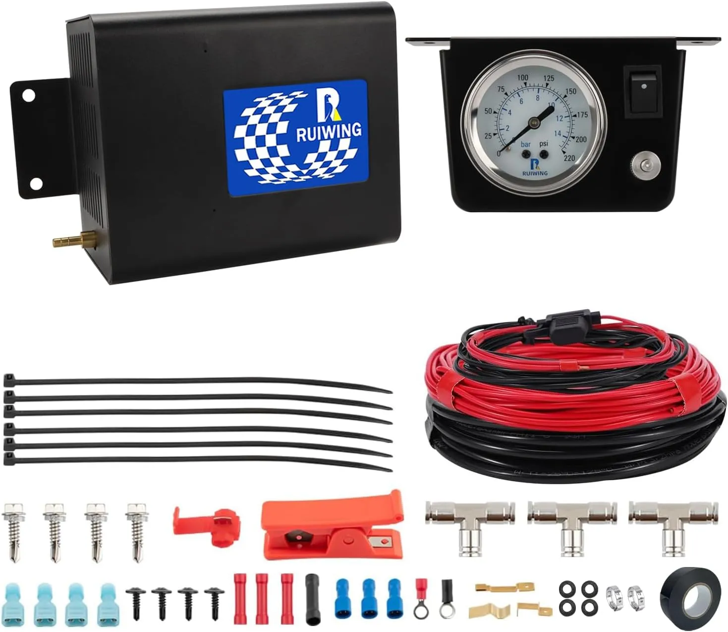 Air Bag Compressor Kit, On Board Air Compressor System with Air Ride Compressor, Pressure Gauge, Hardware and Air Line, for Truck Air Suspension Control