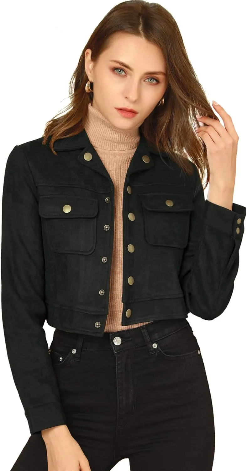 Allegra K Women's Faux Suede Jacket Button Down Collar Pockets Crop Moto Biker Coat