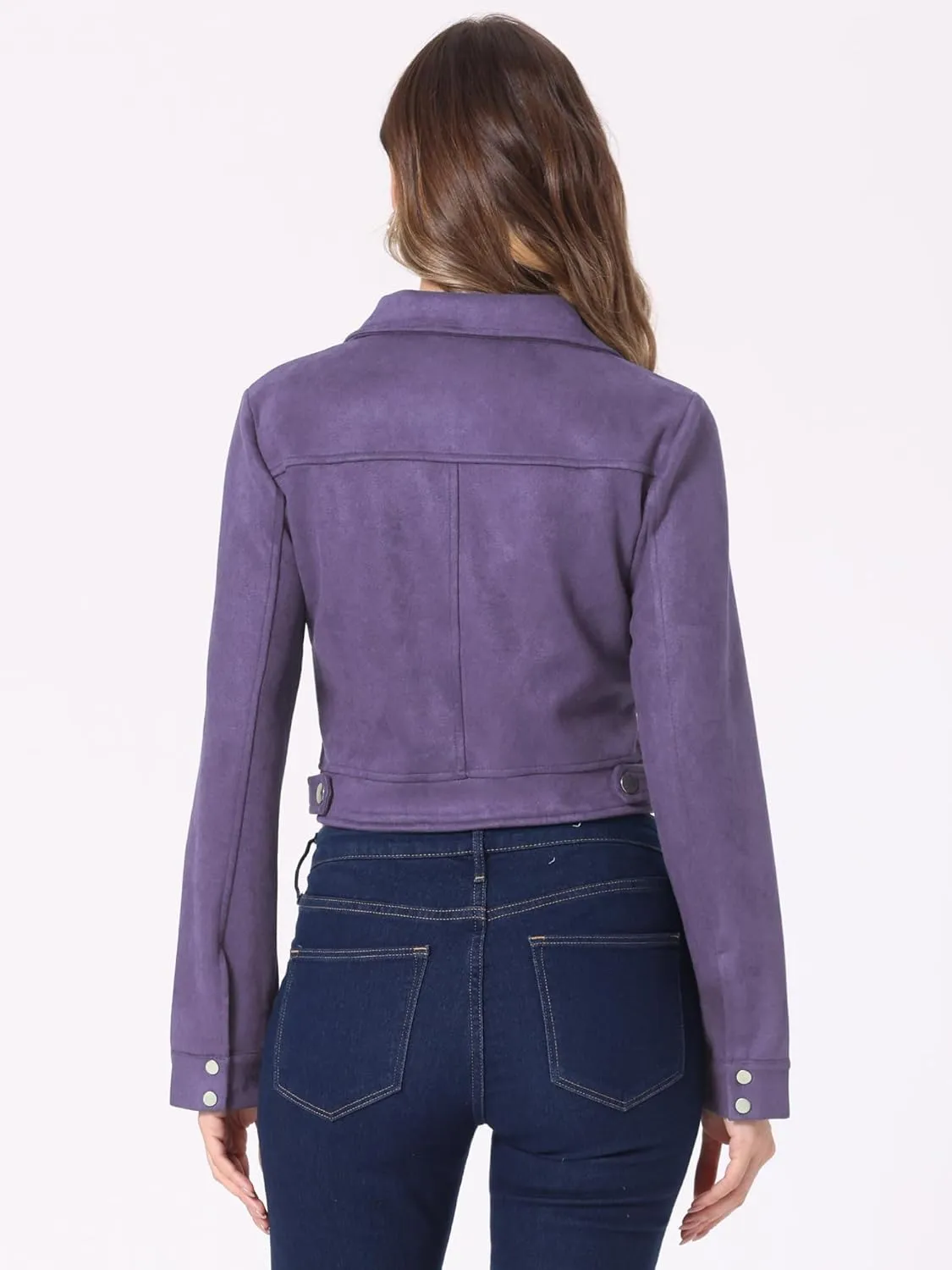 Allegra K Women's Faux Suede Jacket Button Down Collar Pockets Crop Moto Biker Coat