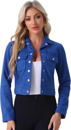 Allegra K Women's Faux Suede Jacket Button Down Collar Pockets Crop Moto Biker Coat