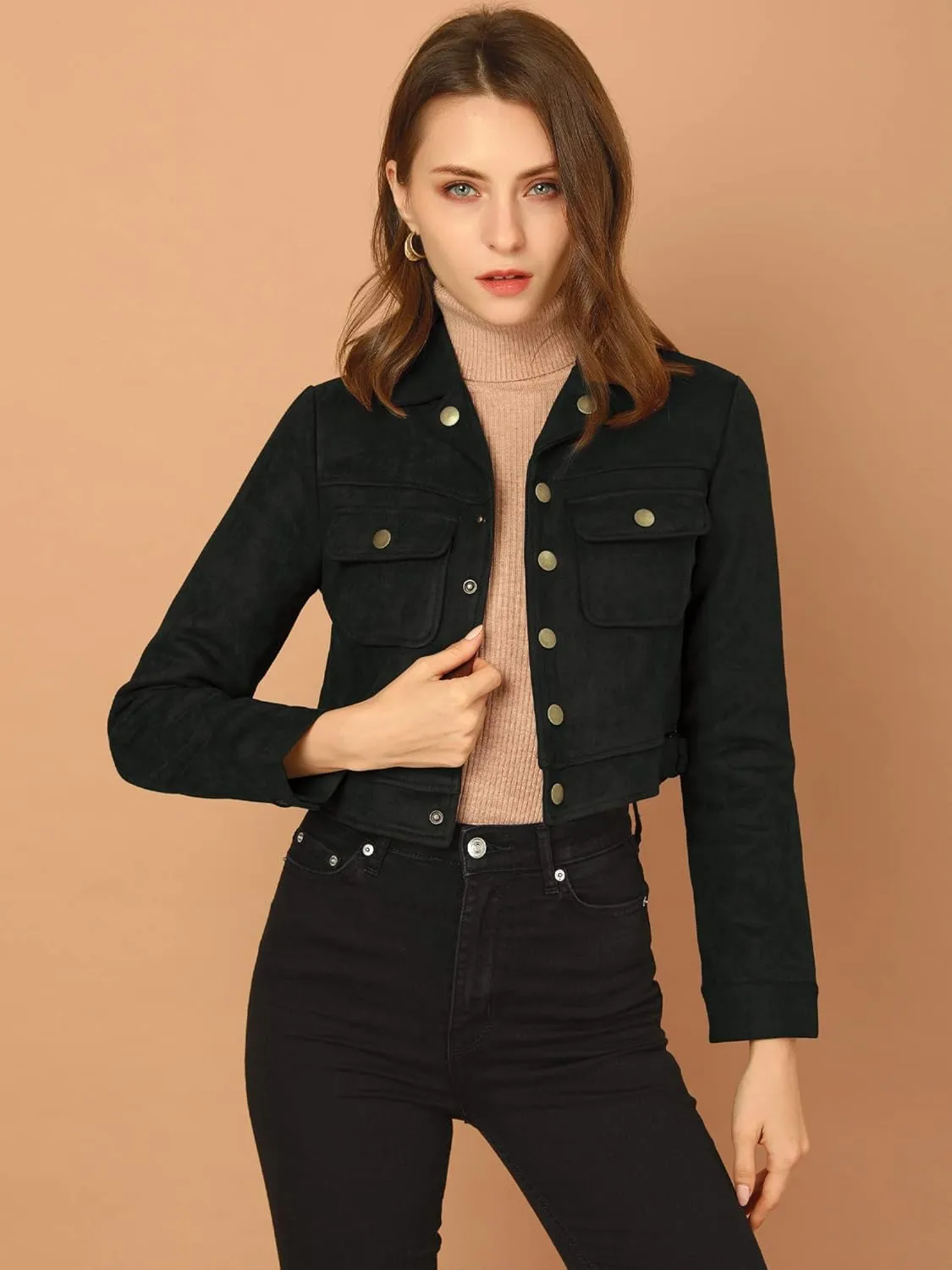 Allegra K Women's Faux Suede Jacket Button Down Collar Pockets Crop Moto Biker Coat