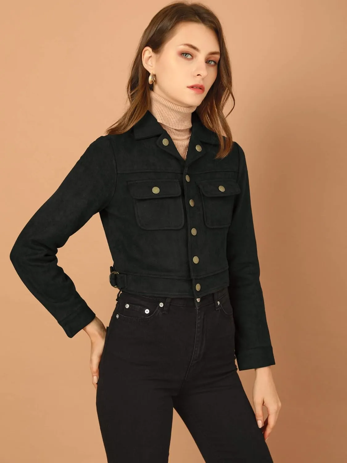 Allegra K Women's Faux Suede Jacket Button Down Collar Pockets Crop Moto Biker Coat