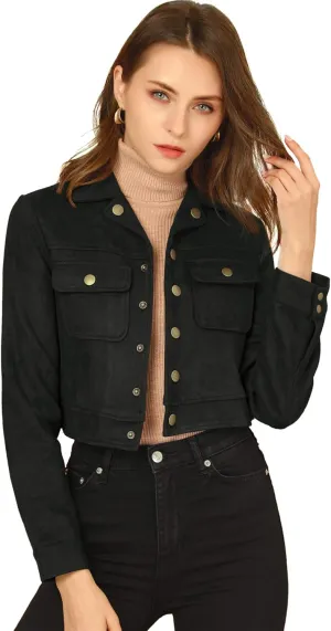 Allegra K Women's Faux Suede Jacket Button Down Collar Pockets Crop Moto Biker Coat