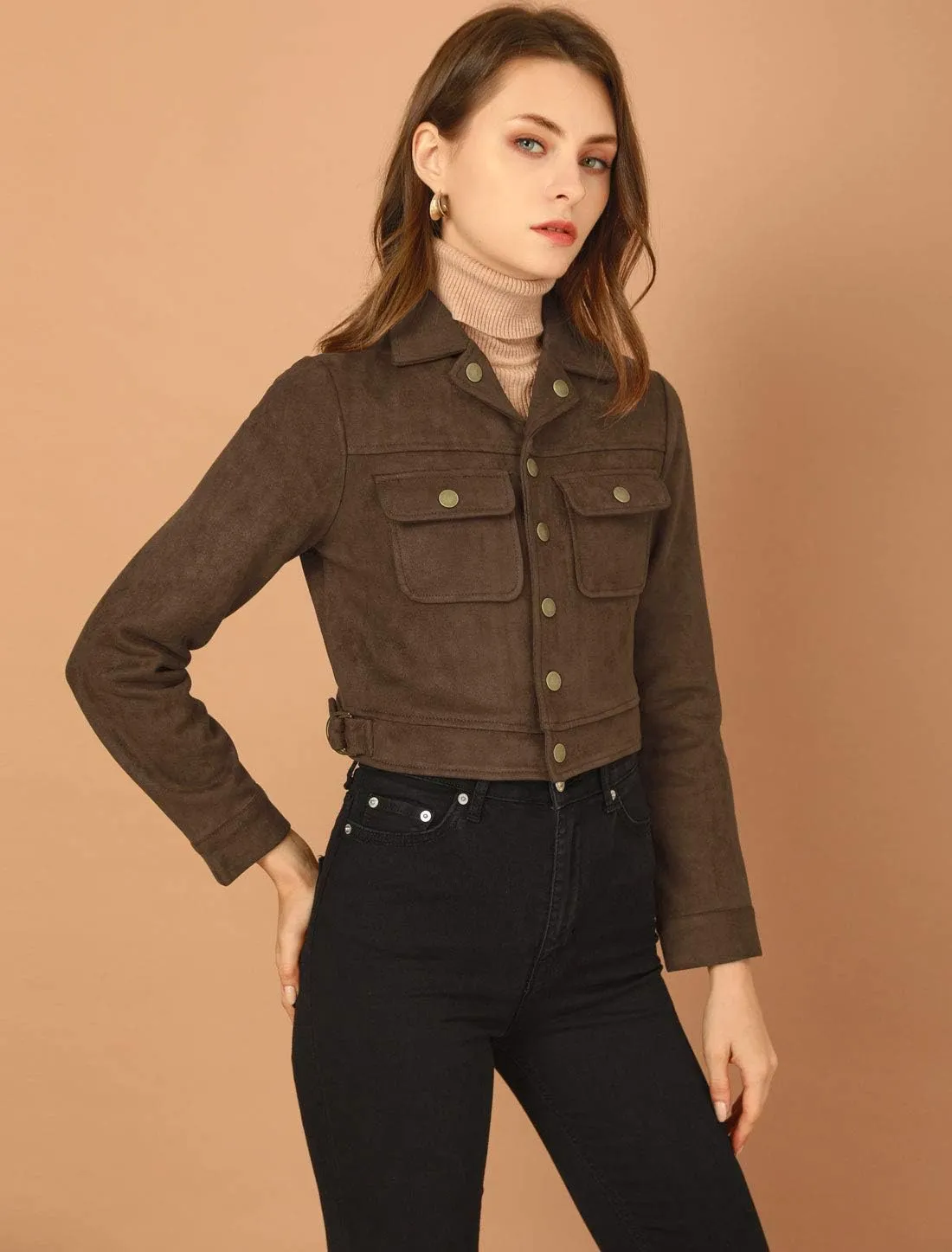 Allegra K Women's Faux Suede Jacket Button Down Collar Pockets Crop Moto Biker Coat