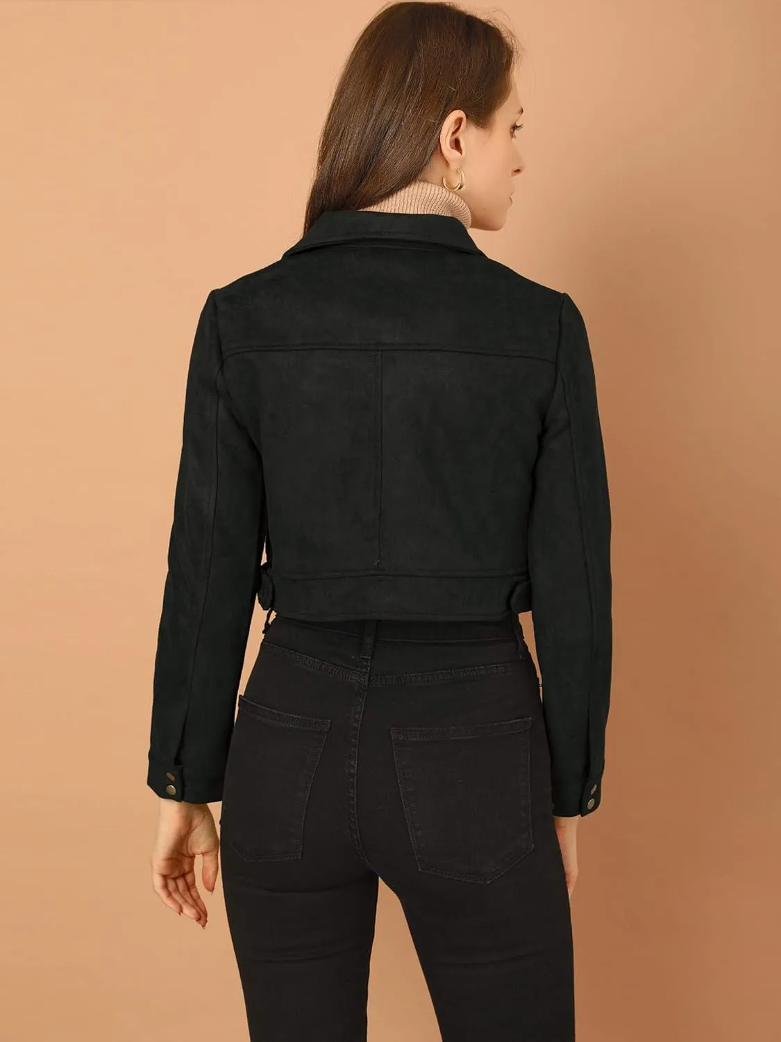 Allegra K Women's Faux Suede Jacket Button Down Collar Pockets Crop Moto Biker Coat