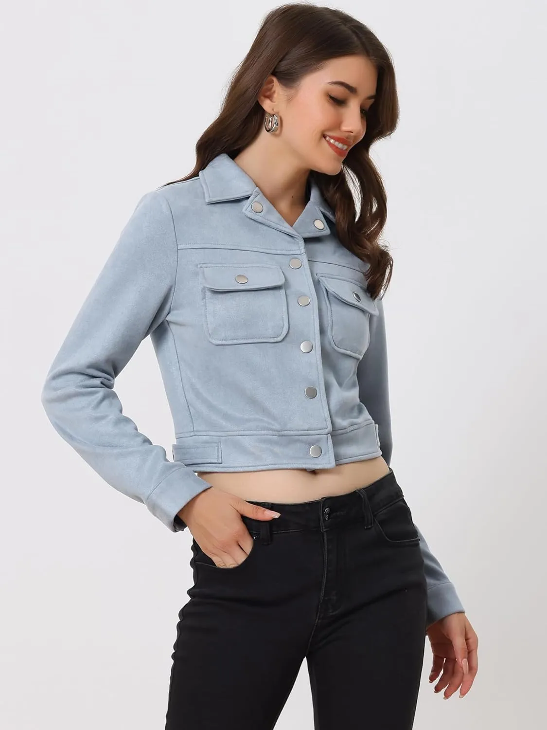 Allegra K Women's Faux Suede Jacket Button Down Collar Pockets Crop Moto Biker Coat