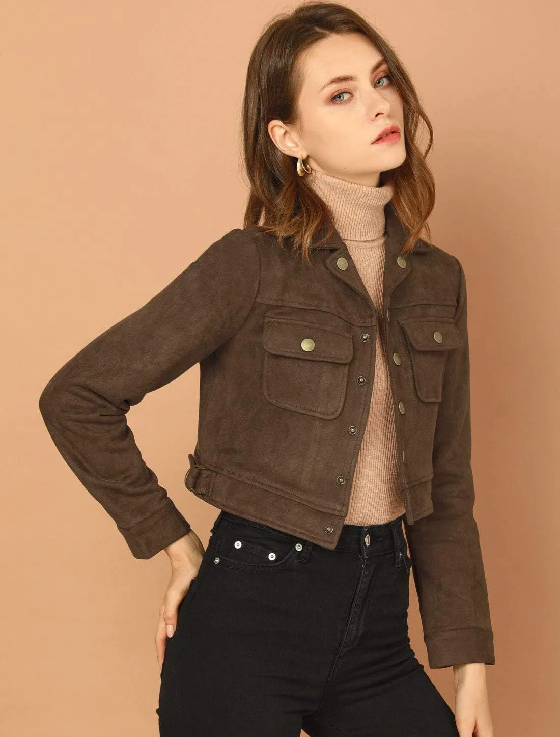 Allegra K Women's Faux Suede Jacket Button Down Collar Pockets Crop Moto Biker Coat