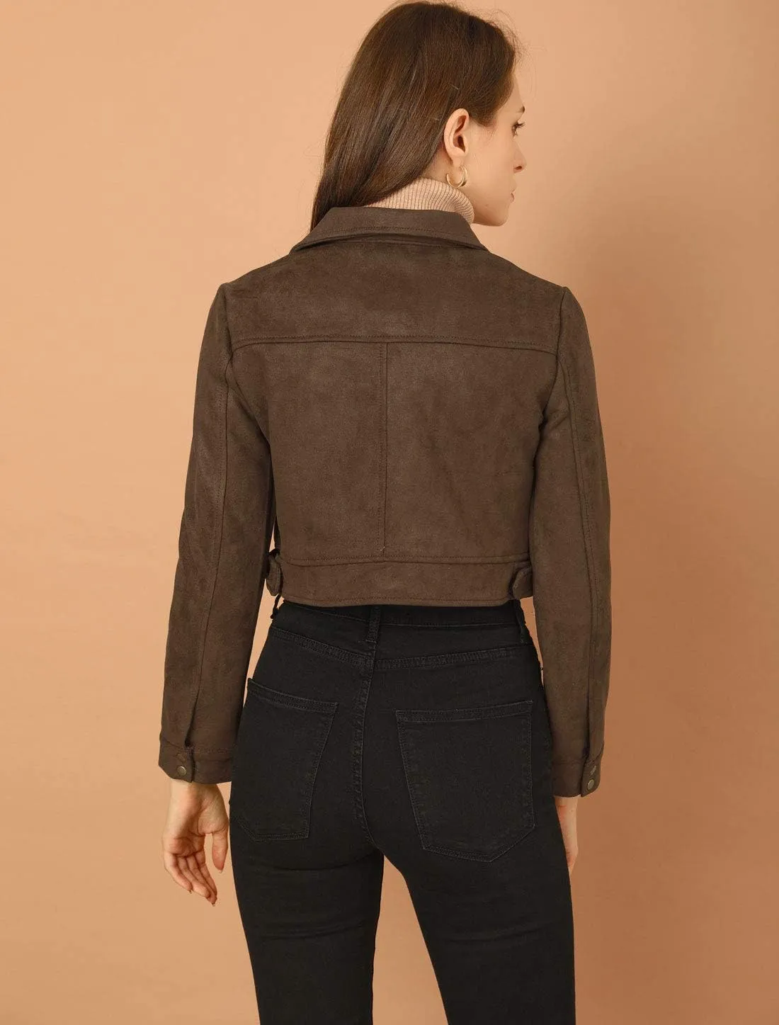 Allegra K Women's Faux Suede Jacket Button Down Collar Pockets Crop Moto Biker Coat