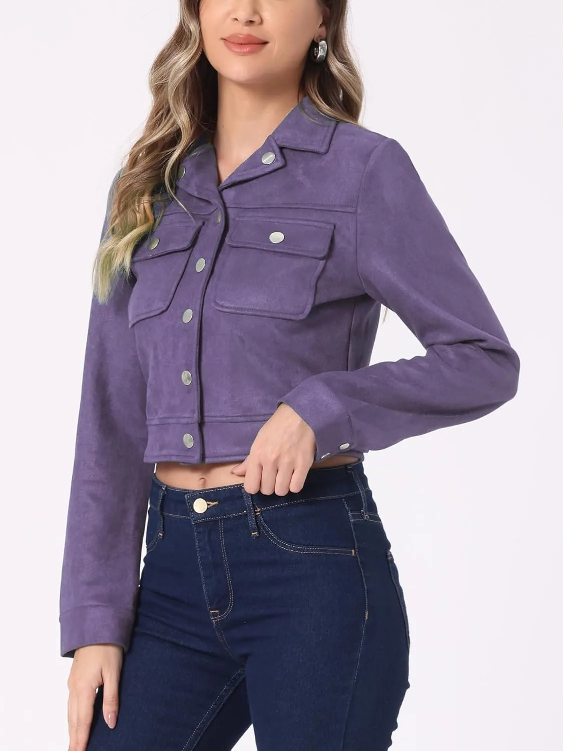 Allegra K Women's Faux Suede Jacket Button Down Collar Pockets Crop Moto Biker Coat