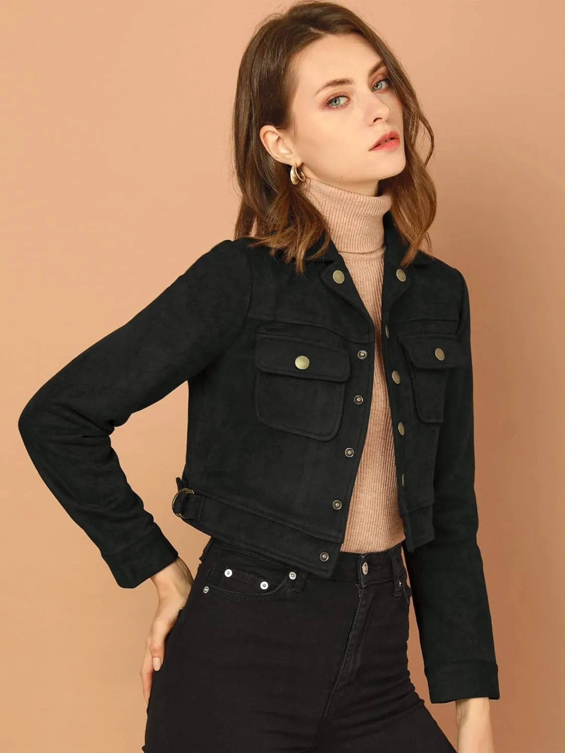 Allegra K Women's Faux Suede Jacket Button Down Collar Pockets Crop Moto Biker Coat