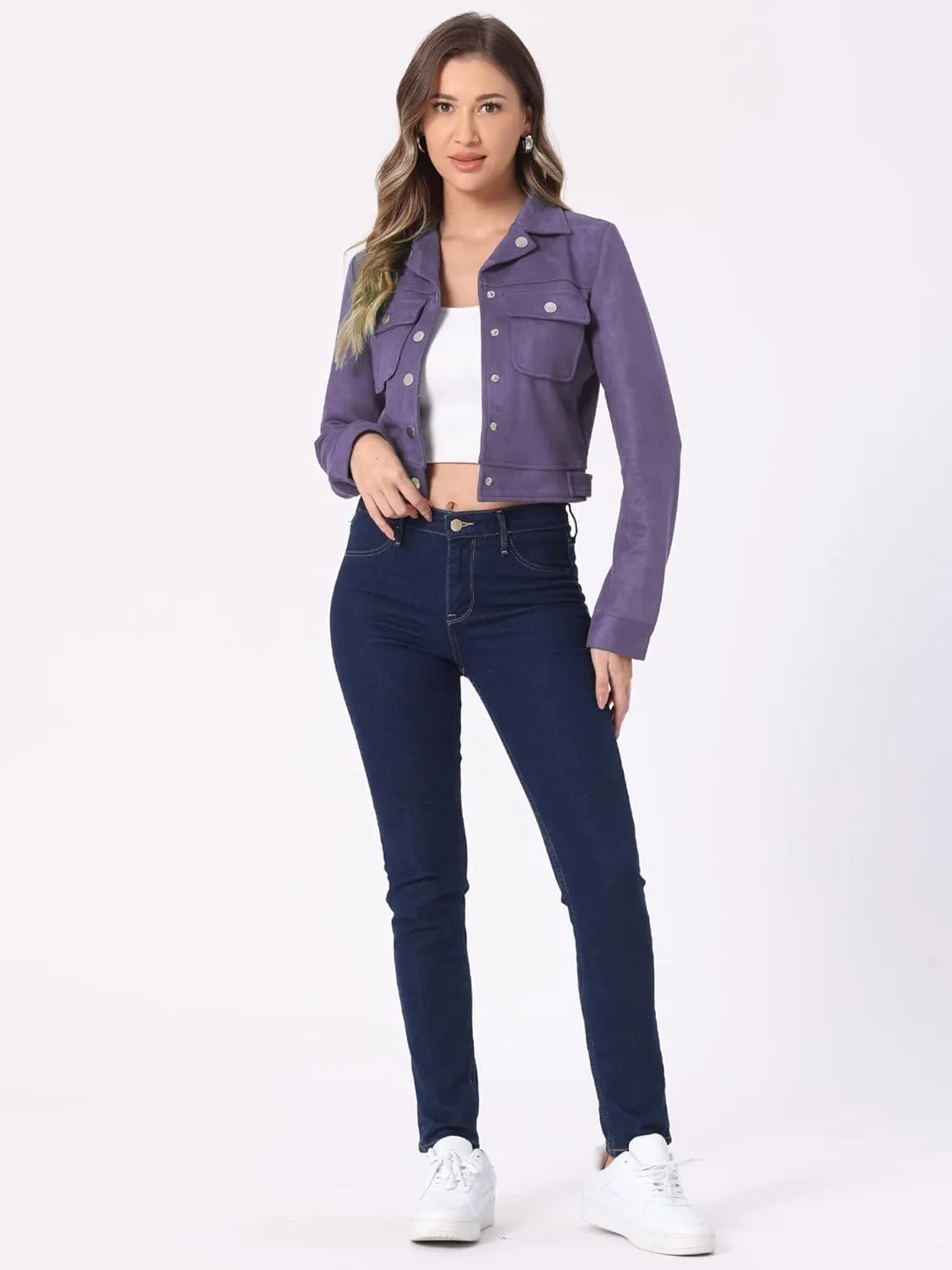 Allegra K Women's Faux Suede Jacket Button Down Collar Pockets Crop Moto Biker Coat