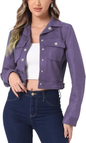 Allegra K Women's Faux Suede Jacket Button Down Collar Pockets Crop Moto Biker Coat