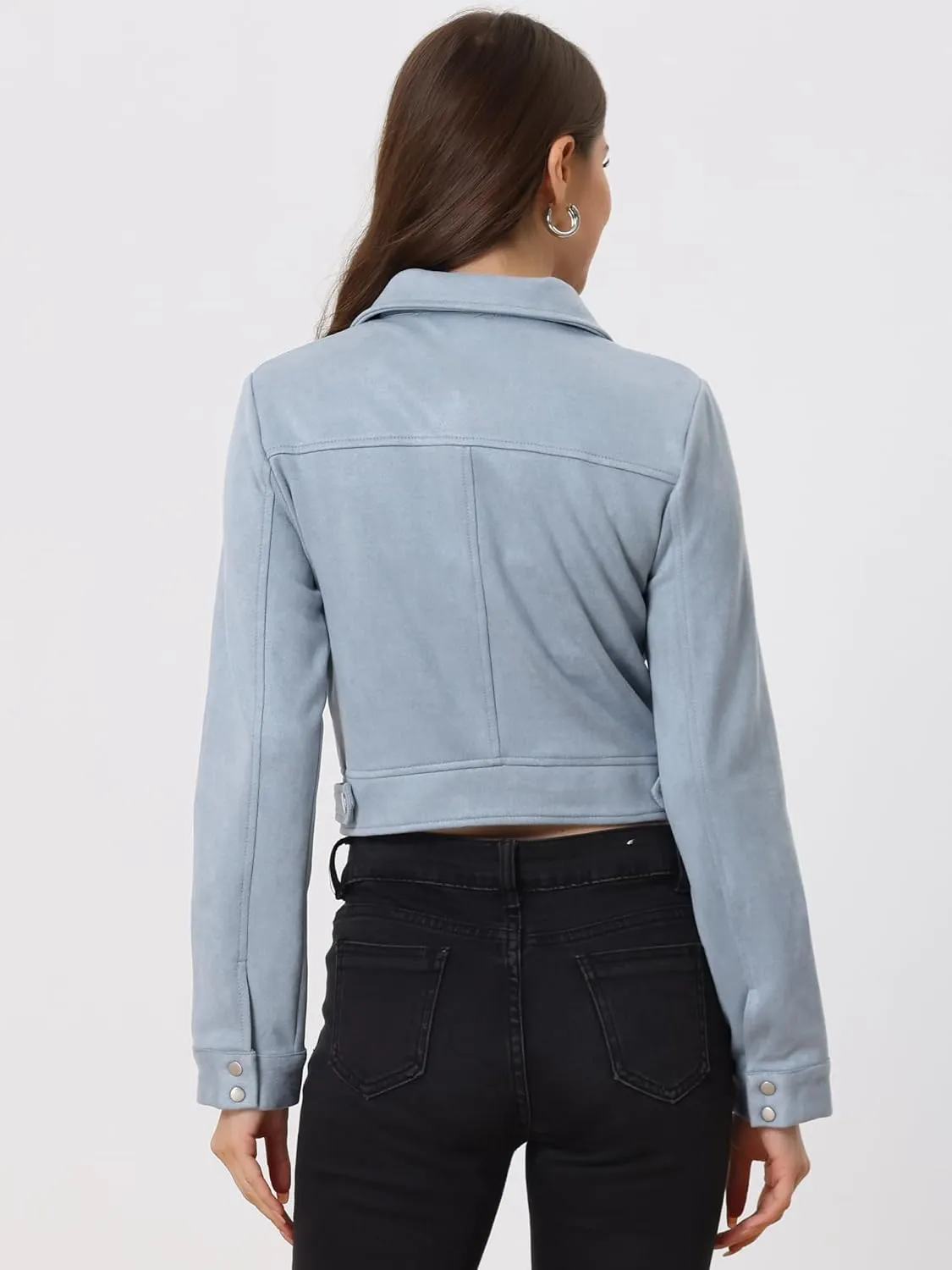 Allegra K Women's Faux Suede Jacket Button Down Collar Pockets Crop Moto Biker Coat
