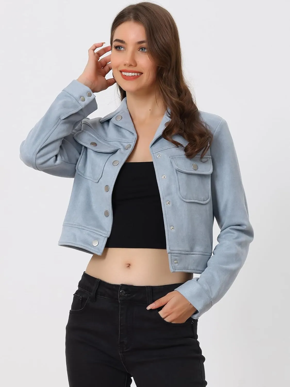 Allegra K Women's Faux Suede Jacket Button Down Collar Pockets Crop Moto Biker Coat