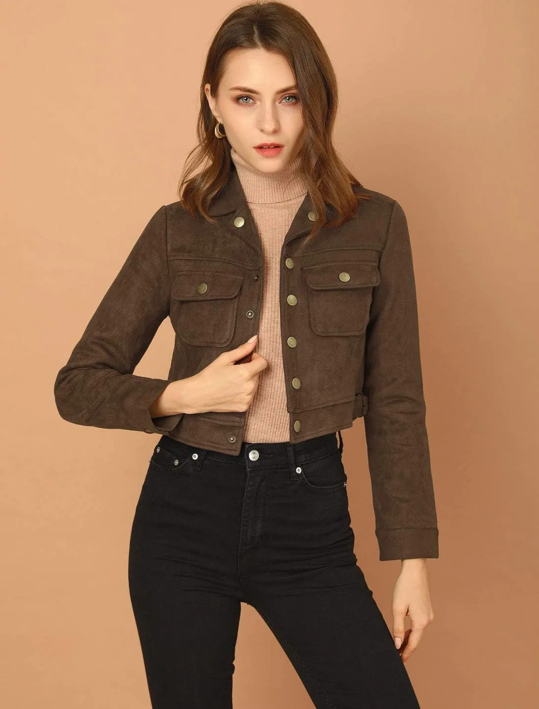 Allegra K Women's Faux Suede Jacket Button Down Collar Pockets Crop Moto Biker Coat