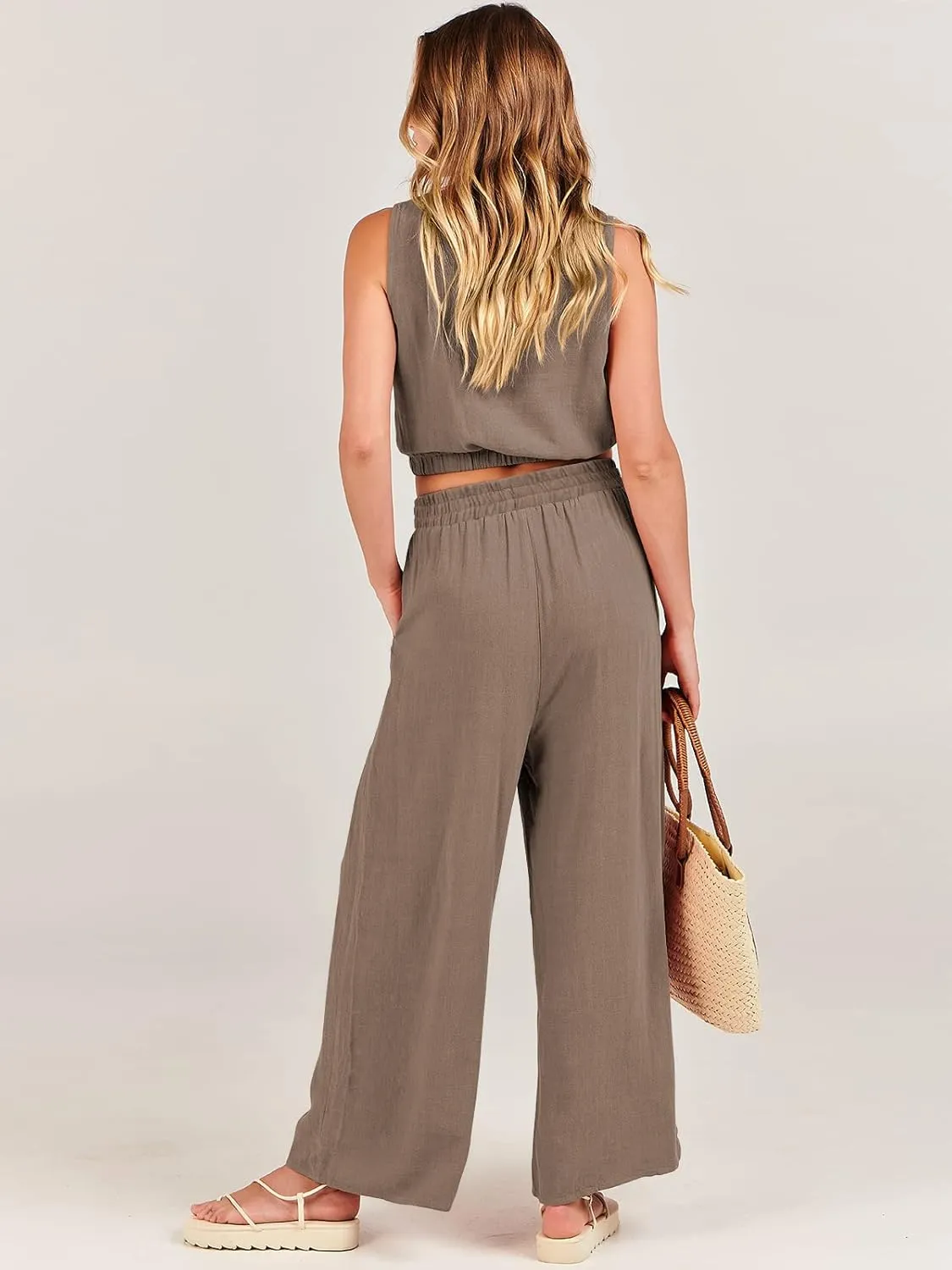 ANRABESS Women’s Summer 2 Piece Outfits Sleeveless Crop Top Tank and Wide Leg Pants Linen Jumpsuit Beach Vacation Sets