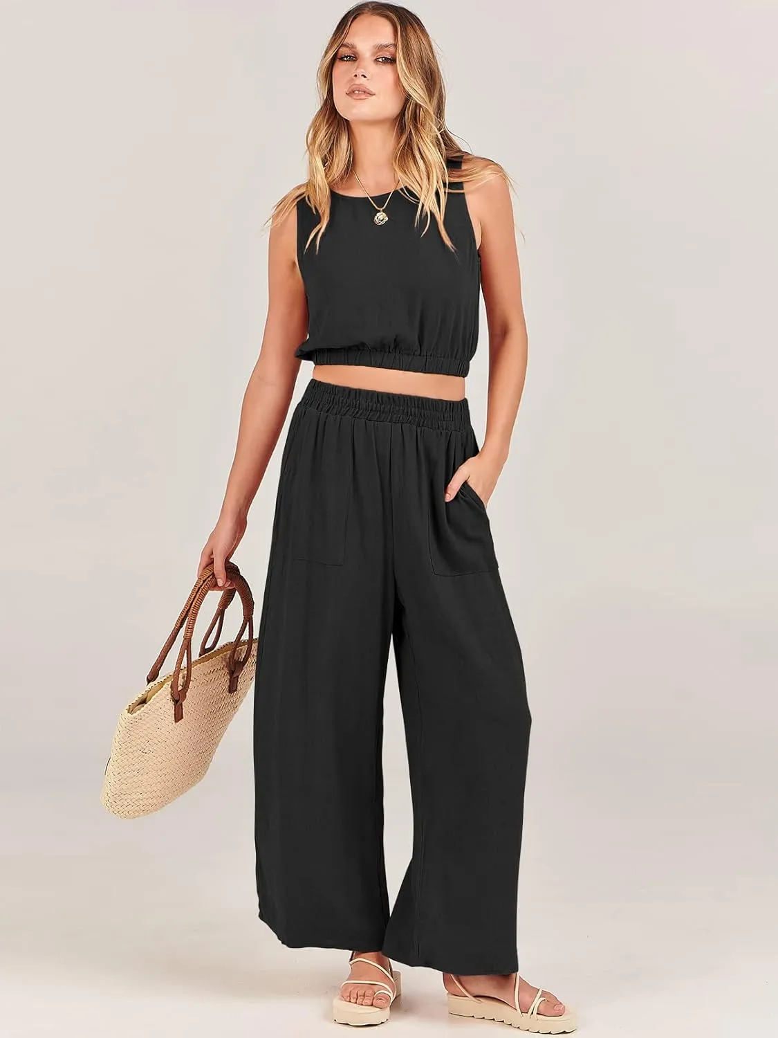 ANRABESS Women’s Summer 2 Piece Outfits Sleeveless Crop Top Tank and Wide Leg Pants Linen Jumpsuit Beach Vacation Sets