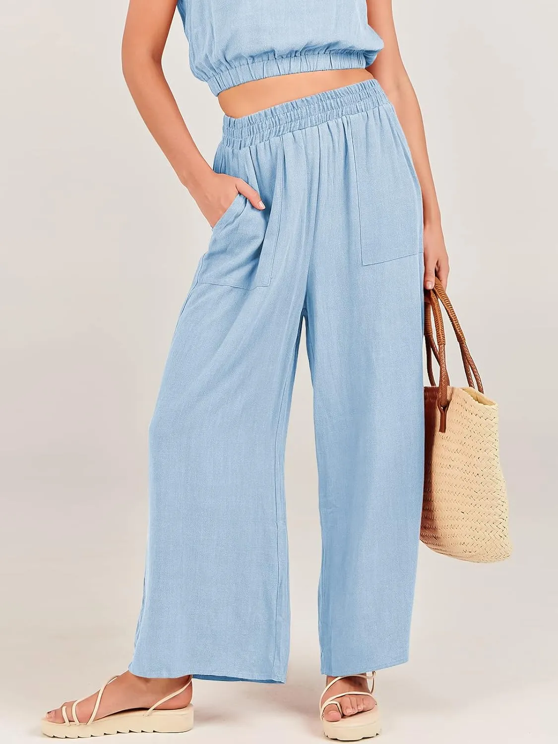 ANRABESS Women’s Summer 2 Piece Outfits Sleeveless Crop Top Tank and Wide Leg Pants Linen Jumpsuit Beach Vacation Sets