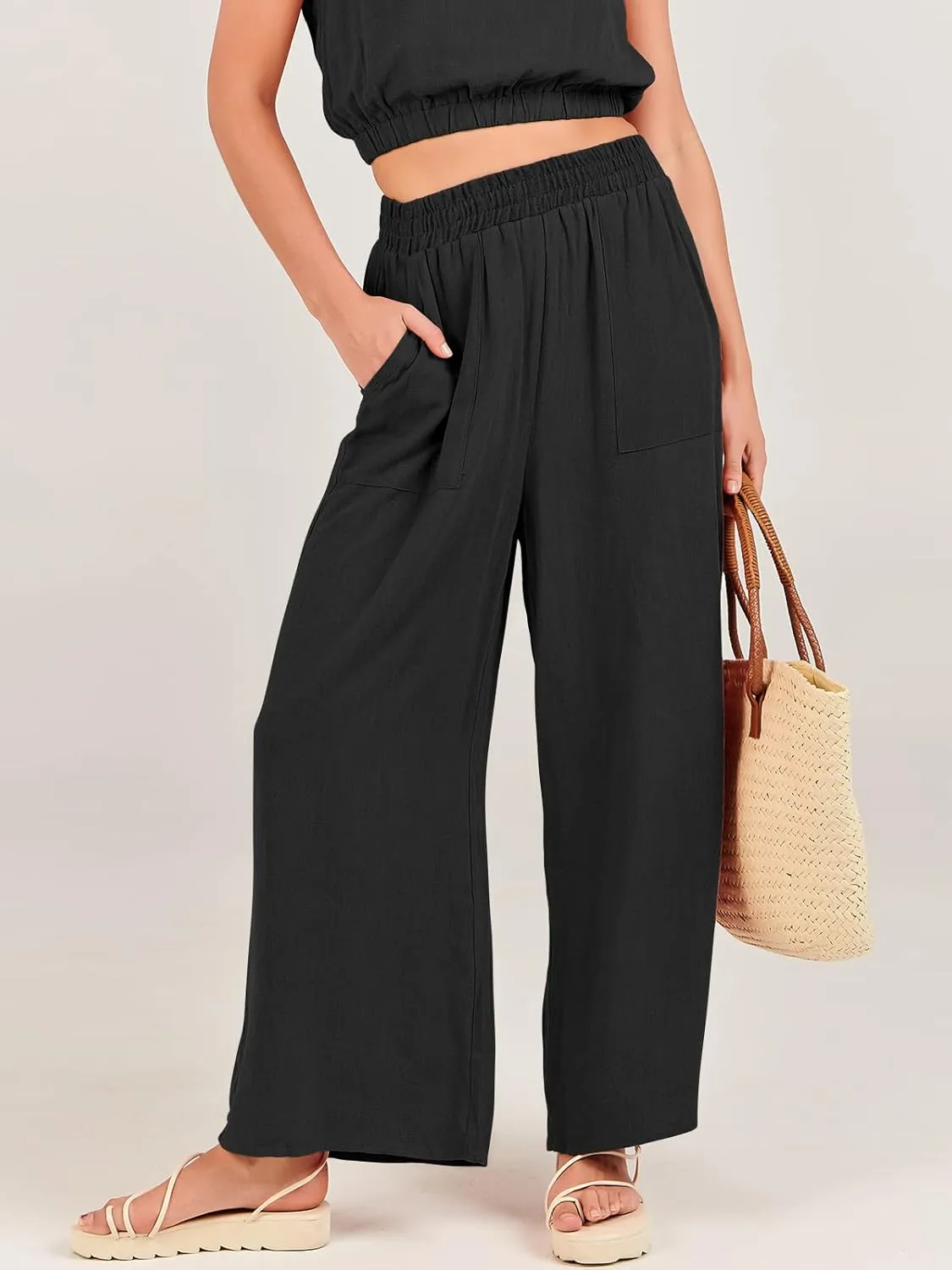 ANRABESS Women’s Summer 2 Piece Outfits Sleeveless Crop Top Tank and Wide Leg Pants Linen Jumpsuit Beach Vacation Sets