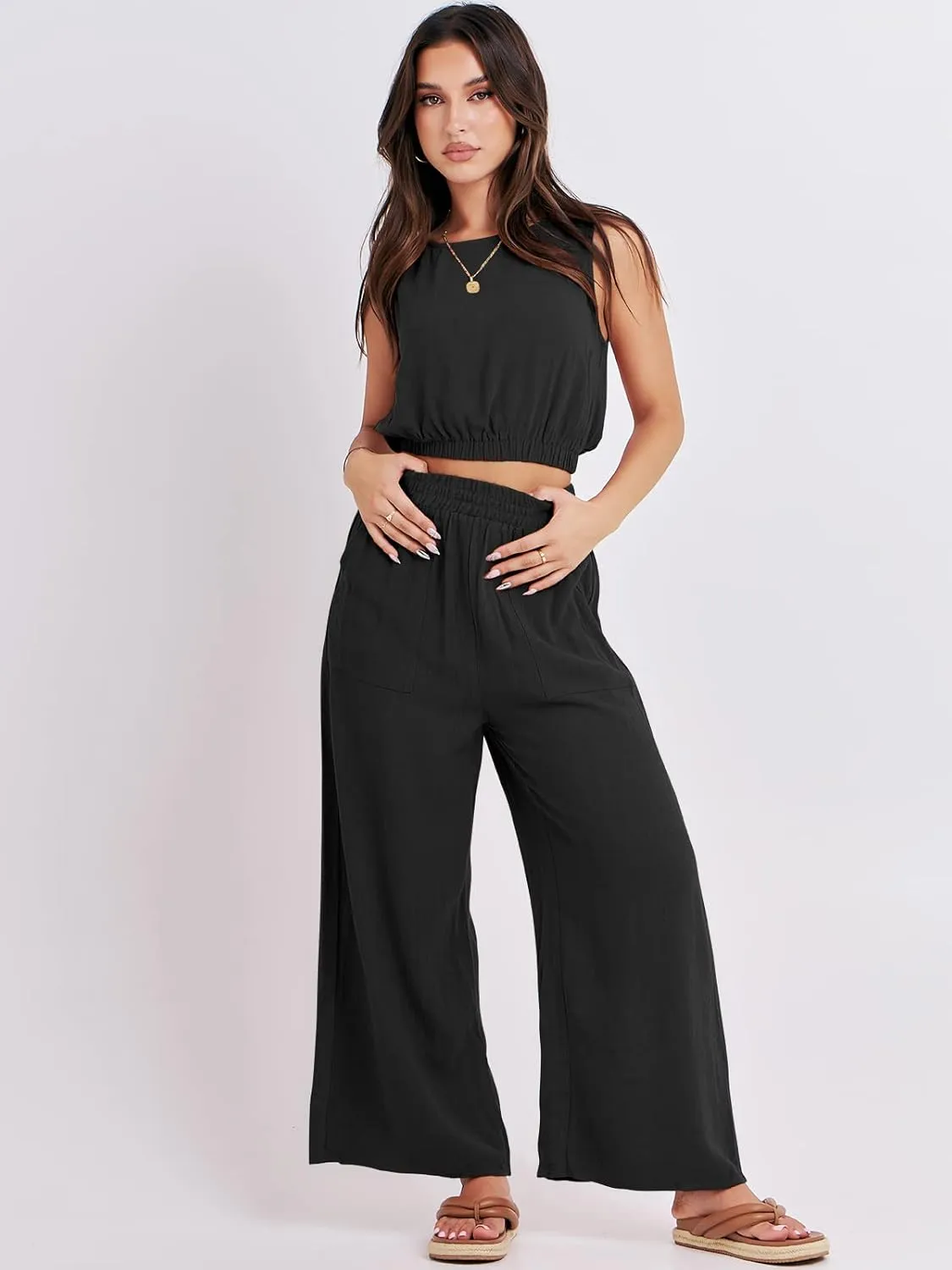 ANRABESS Women’s Summer 2 Piece Outfits Sleeveless Crop Top Tank and Wide Leg Pants Linen Jumpsuit Beach Vacation Sets
