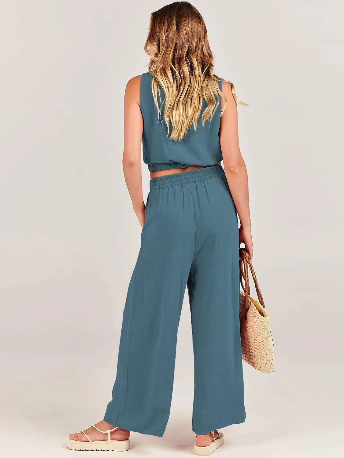 ANRABESS Women’s Summer 2 Piece Outfits Sleeveless Crop Top Tank and Wide Leg Pants Linen Jumpsuit Beach Vacation Sets