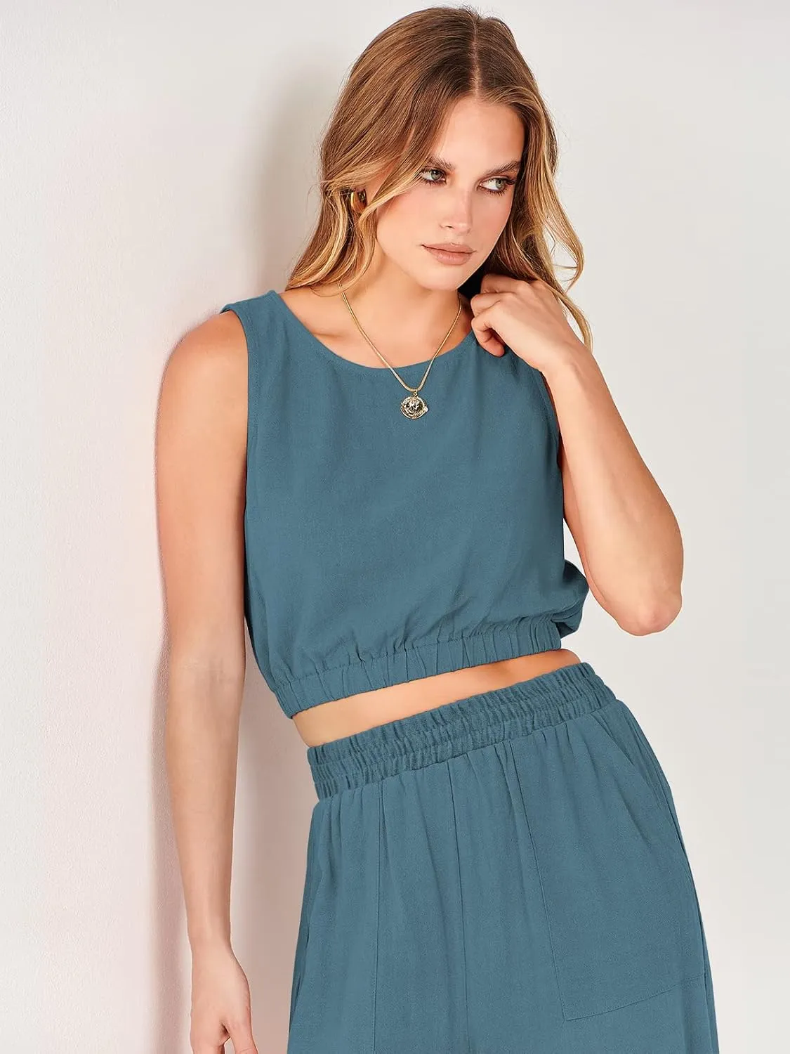 ANRABESS Women’s Summer 2 Piece Outfits Sleeveless Crop Top Tank and Wide Leg Pants Linen Jumpsuit Beach Vacation Sets