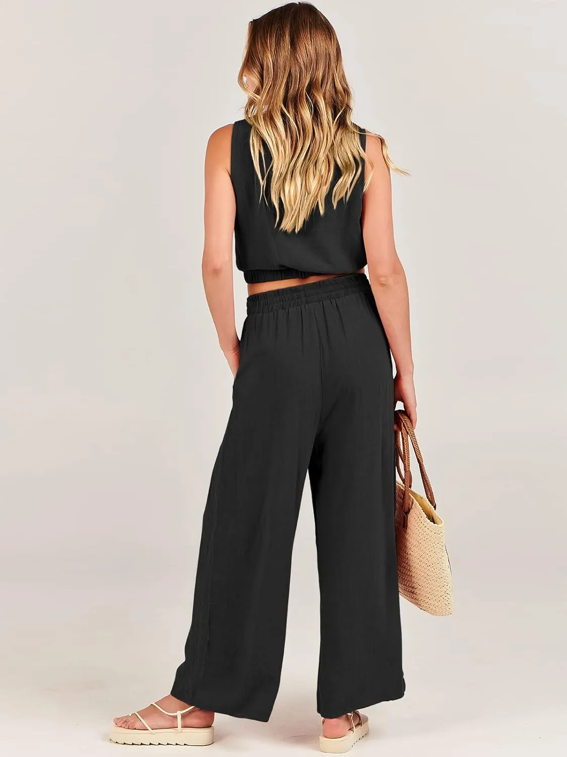 ANRABESS Women’s Summer 2 Piece Outfits Sleeveless Crop Top Tank and Wide Leg Pants Linen Jumpsuit Beach Vacation Sets