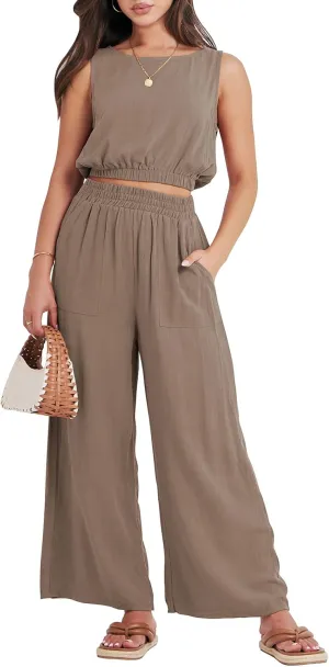 ANRABESS Women’s Summer 2 Piece Outfits Sleeveless Crop Top Tank and Wide Leg Pants Linen Jumpsuit Beach Vacation Sets