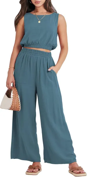 ANRABESS Women’s Summer 2 Piece Outfits Sleeveless Crop Top Tank and Wide Leg Pants Linen Jumpsuit Beach Vacation Sets