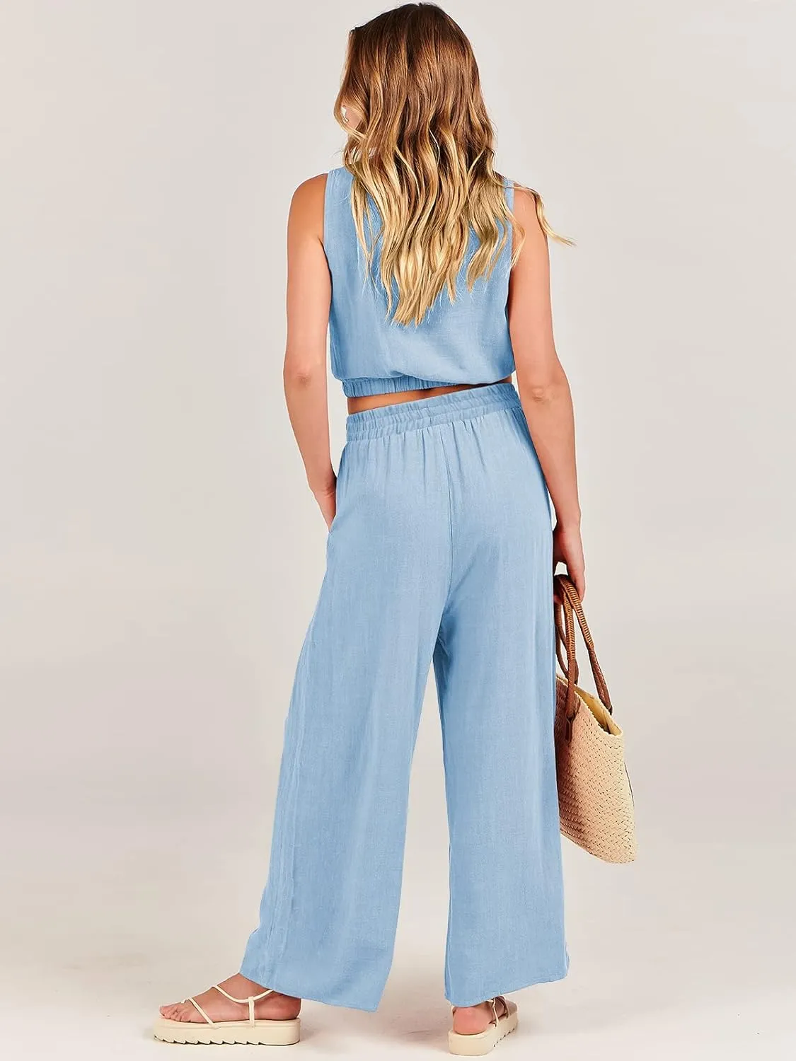 ANRABESS Women’s Summer 2 Piece Outfits Sleeveless Crop Top Tank and Wide Leg Pants Linen Jumpsuit Beach Vacation Sets