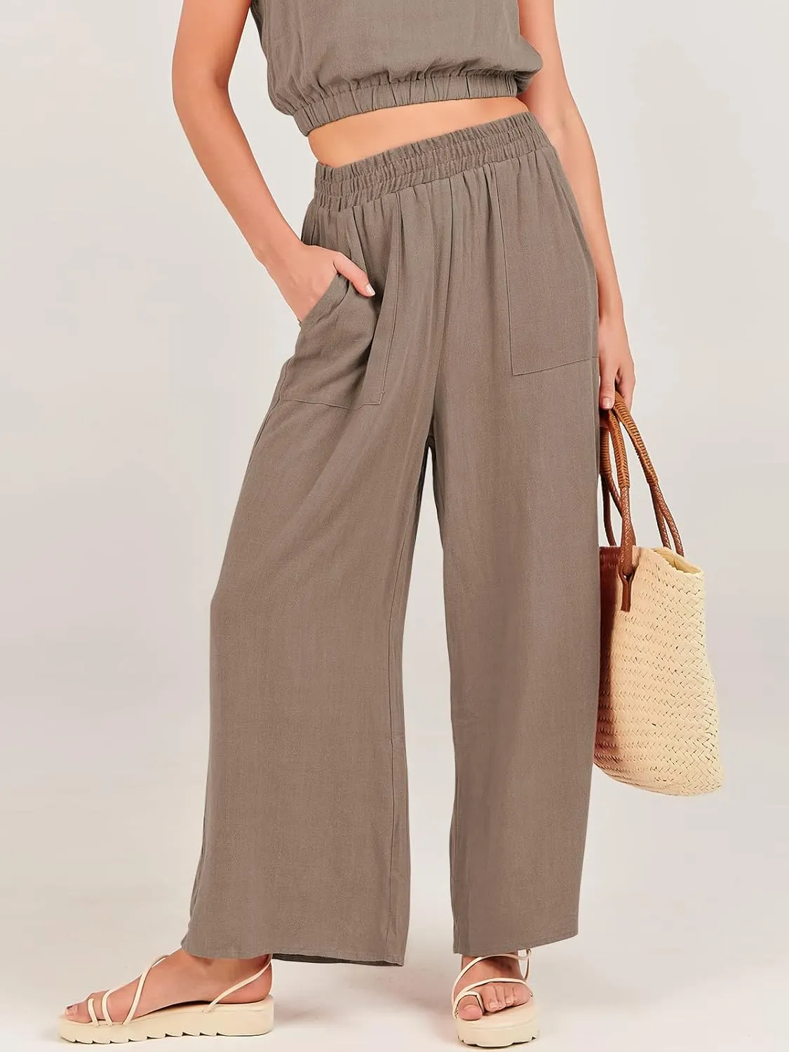 ANRABESS Women’s Summer 2 Piece Outfits Sleeveless Crop Top Tank and Wide Leg Pants Linen Jumpsuit Beach Vacation Sets