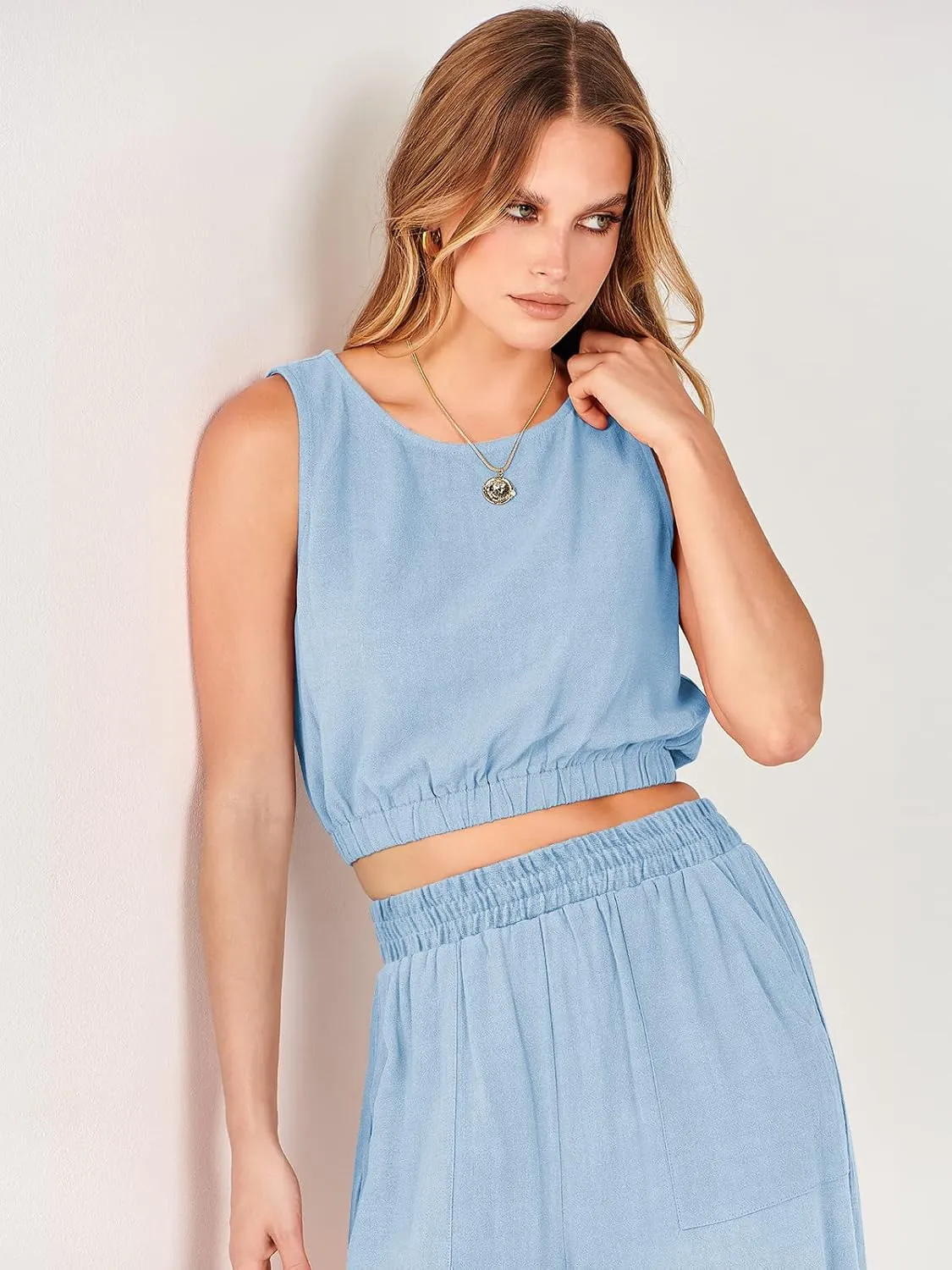 ANRABESS Women’s Summer 2 Piece Outfits Sleeveless Crop Top Tank and Wide Leg Pants Linen Jumpsuit Beach Vacation Sets