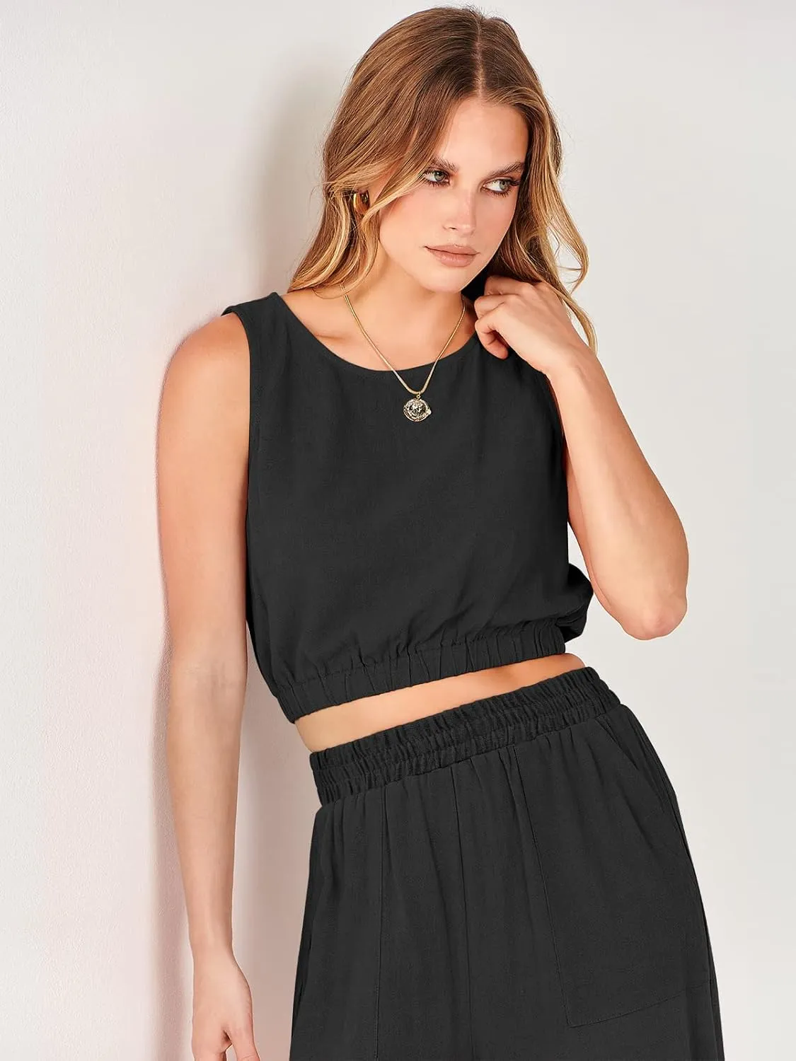 ANRABESS Women’s Summer 2 Piece Outfits Sleeveless Crop Top Tank and Wide Leg Pants Linen Jumpsuit Beach Vacation Sets