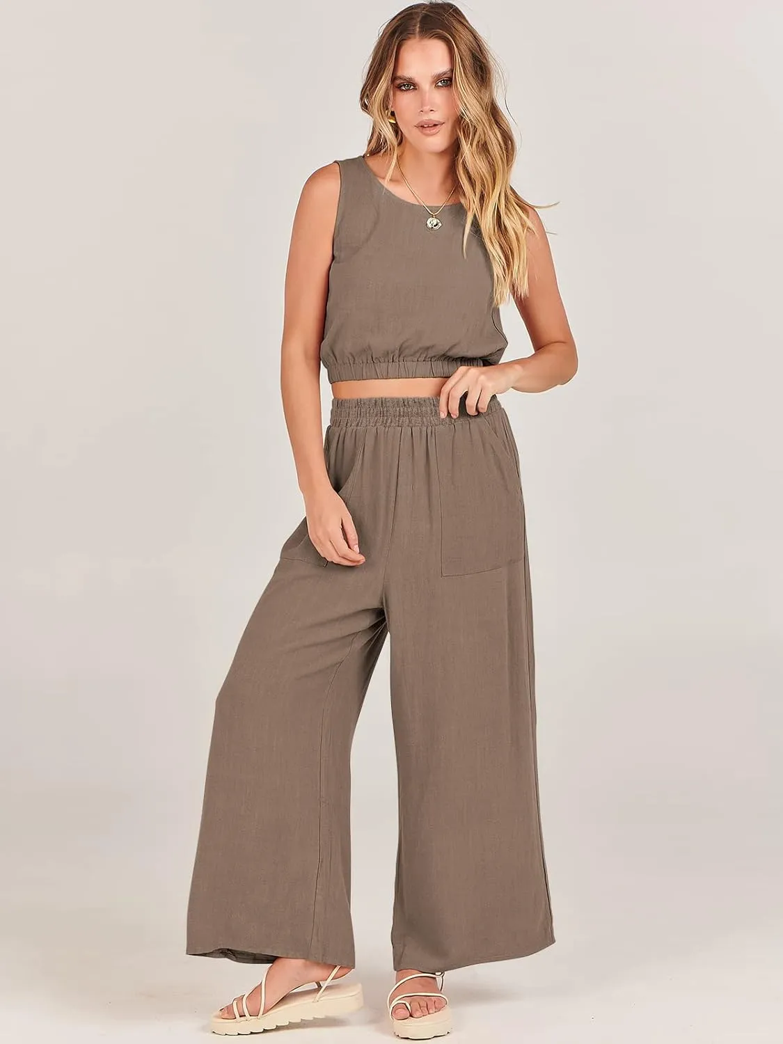 ANRABESS Women’s Summer 2 Piece Outfits Sleeveless Crop Top Tank and Wide Leg Pants Linen Jumpsuit Beach Vacation Sets