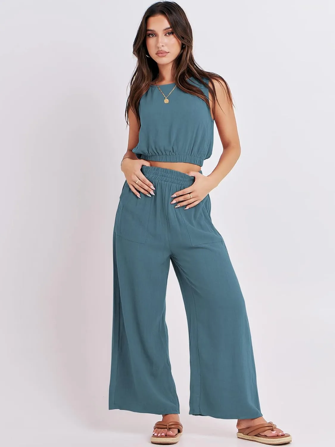 ANRABESS Women’s Summer 2 Piece Outfits Sleeveless Crop Top Tank and Wide Leg Pants Linen Jumpsuit Beach Vacation Sets