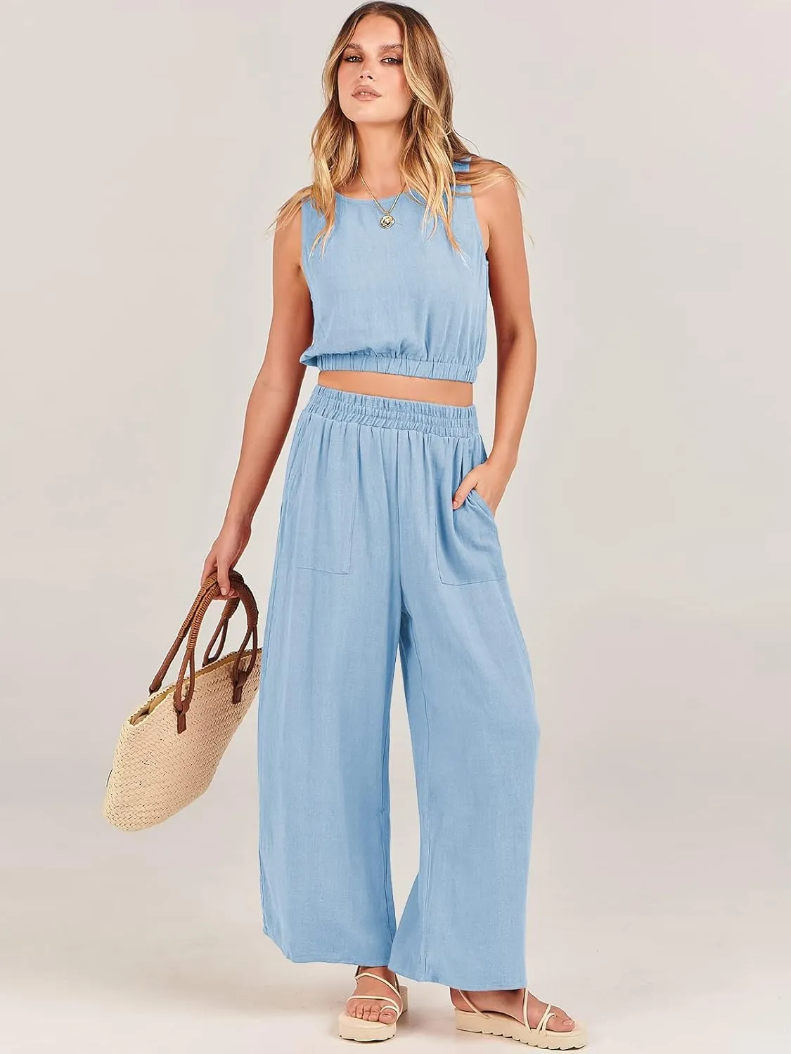 ANRABESS Women’s Summer 2 Piece Outfits Sleeveless Crop Top Tank and Wide Leg Pants Linen Jumpsuit Beach Vacation Sets