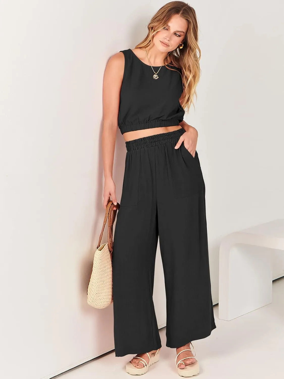 ANRABESS Women’s Summer 2 Piece Outfits Sleeveless Crop Top Tank and Wide Leg Pants Linen Jumpsuit Beach Vacation Sets