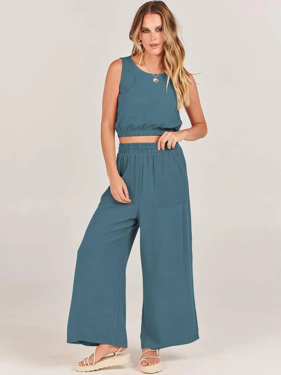 ANRABESS Women’s Summer 2 Piece Outfits Sleeveless Crop Top Tank and Wide Leg Pants Linen Jumpsuit Beach Vacation Sets
