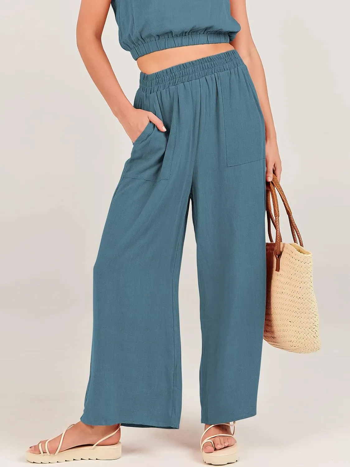 ANRABESS Women’s Summer 2 Piece Outfits Sleeveless Crop Top Tank and Wide Leg Pants Linen Jumpsuit Beach Vacation Sets