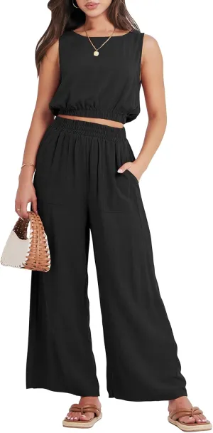 ANRABESS Women’s Summer 2 Piece Outfits Sleeveless Crop Top Tank and Wide Leg Pants Linen Jumpsuit Beach Vacation Sets
