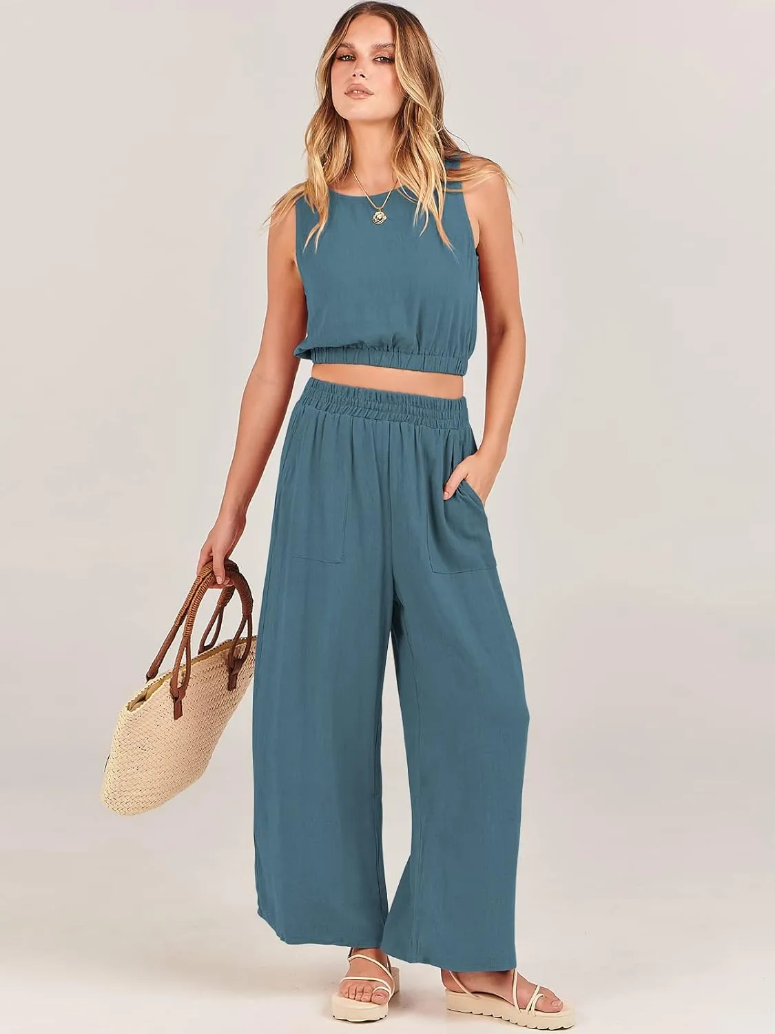 ANRABESS Women’s Summer 2 Piece Outfits Sleeveless Crop Top Tank and Wide Leg Pants Linen Jumpsuit Beach Vacation Sets