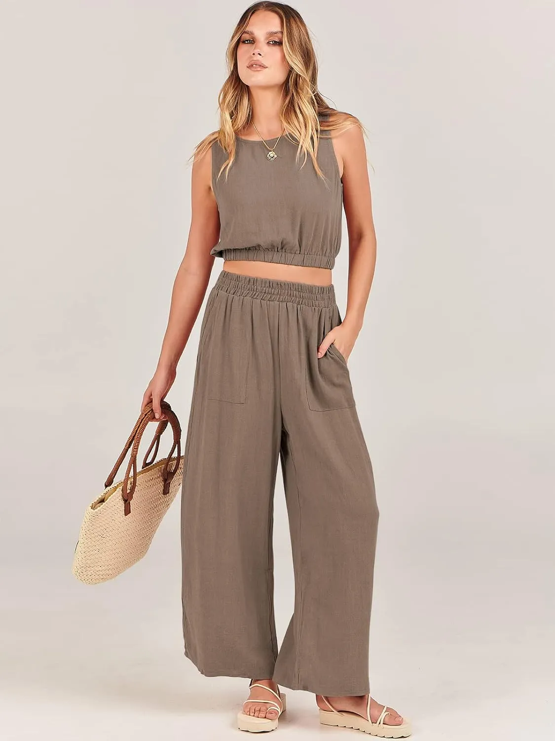 ANRABESS Women’s Summer 2 Piece Outfits Sleeveless Crop Top Tank and Wide Leg Pants Linen Jumpsuit Beach Vacation Sets