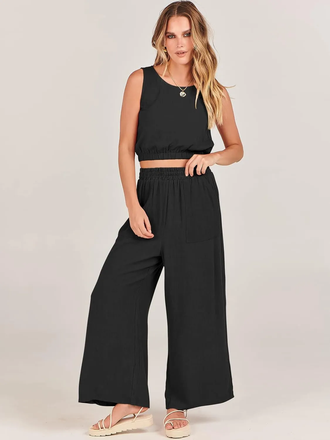 ANRABESS Women’s Summer 2 Piece Outfits Sleeveless Crop Top Tank and Wide Leg Pants Linen Jumpsuit Beach Vacation Sets