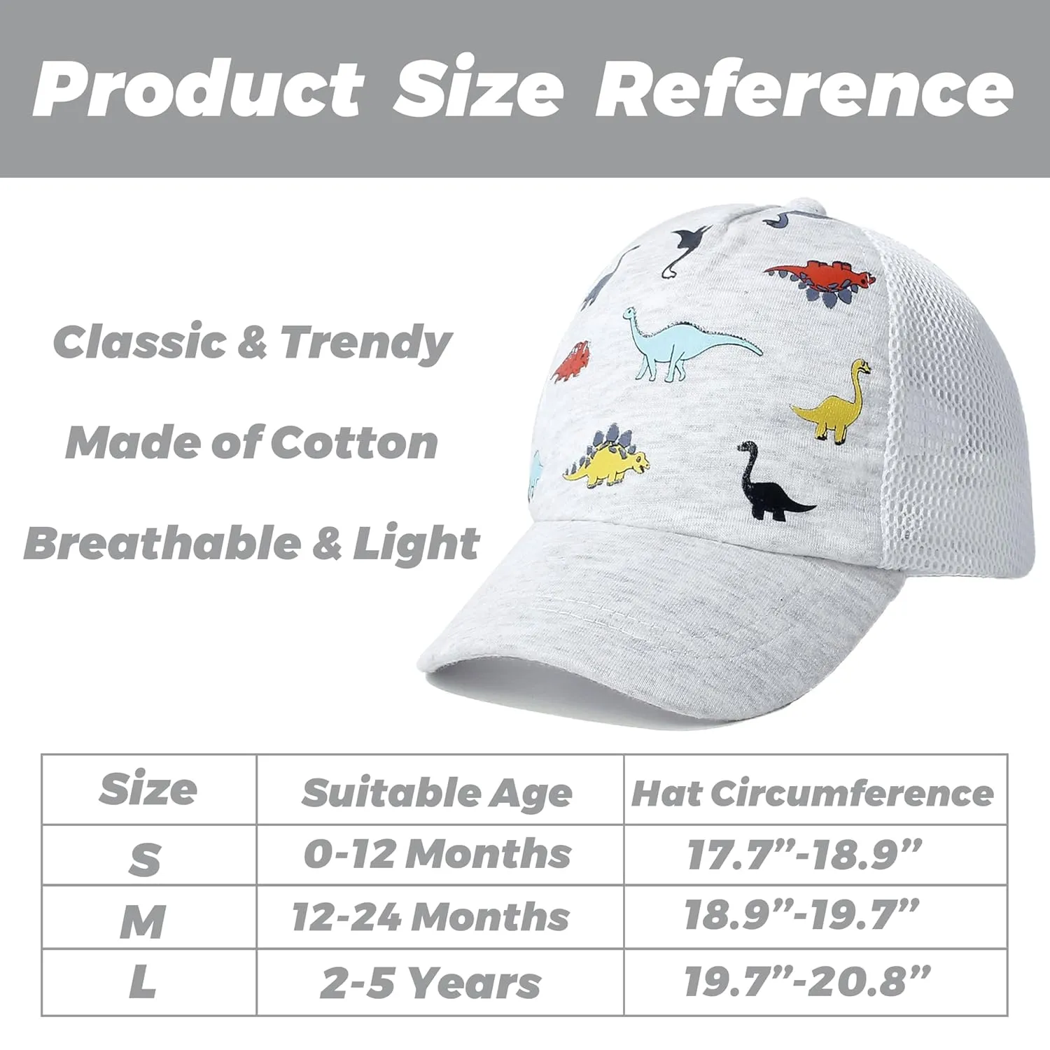 Baby Baseball Cap with Mesh Toddler Baseball Hat Infant Baseball Cap Baby Sun Summer Hat for Kids White Dino 2-5 T