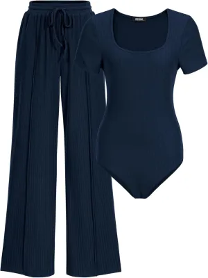 BTFBM Womens Casual 2 Pieces Outfits Dressy Square Neck Short Sleeve Bodysuit Drawstring Pants Knit Lounge Matching Sets