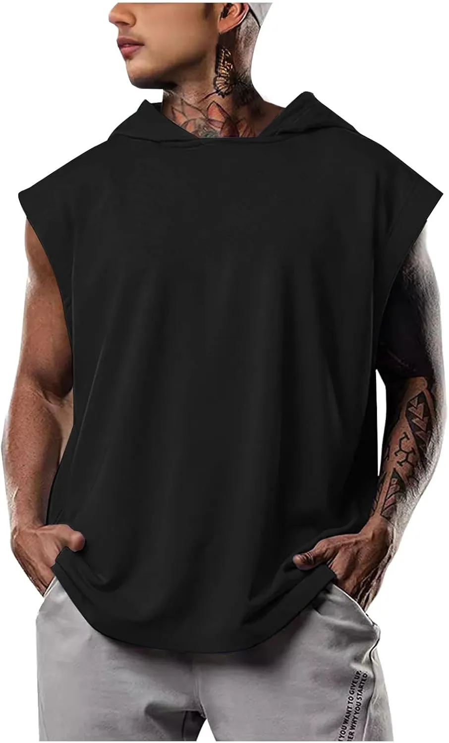 Casual Men Workout Tank Tops Cap Sleeve Hoody Shirts Muscle Fit Pullover Basic Shirt Running Active Solid Tees