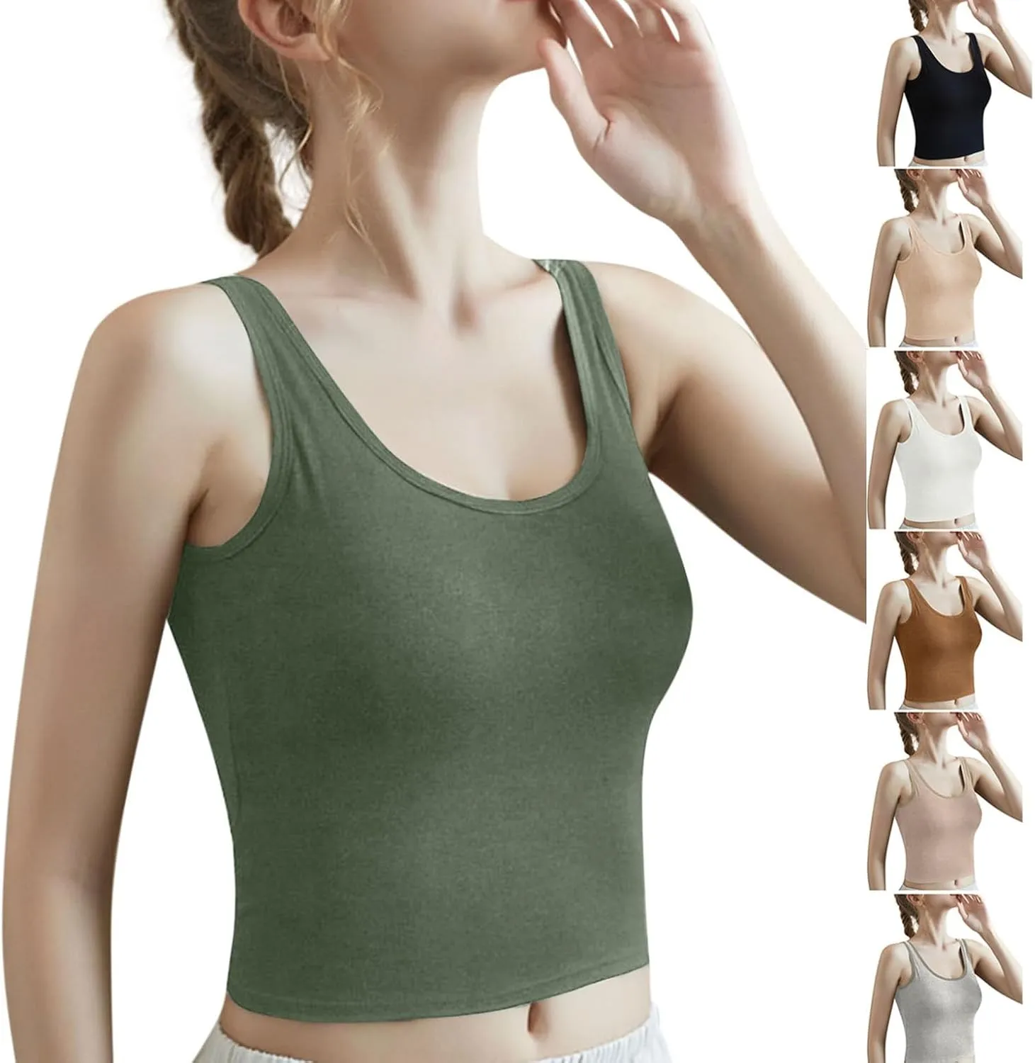 Crop Tank Tops for Women Workout Running Built-in-Bra Tanks Cotton Basic Tees Casual Slim Fit Solid Short Undershirts