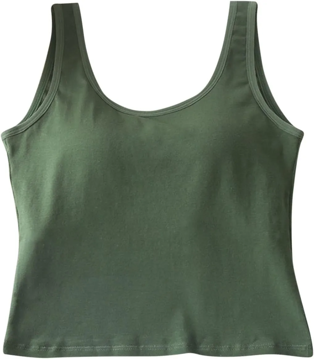 Crop Tank Tops for Women Workout Running Built-in-Bra Tanks Cotton Basic Tees Casual Slim Fit Solid Short Undershirts